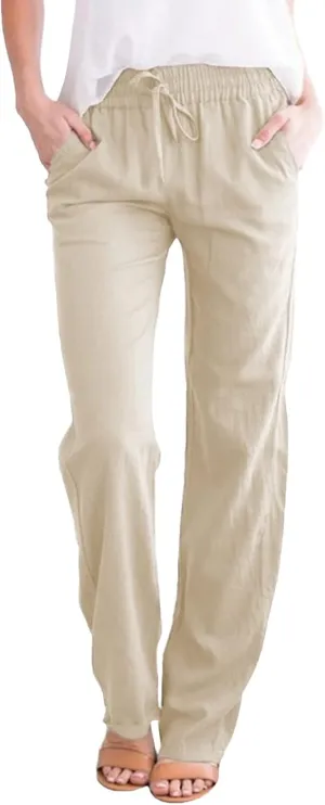 Women's Casual Loose Wide Leg Cozy Pants and Linen Long Pants High Waist Loose Capri Pants Trousers with Pockets