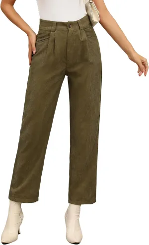 Womens Corduroy Pants High Waist Straight Leg Dressy Casual Pants with Pockets Trousers