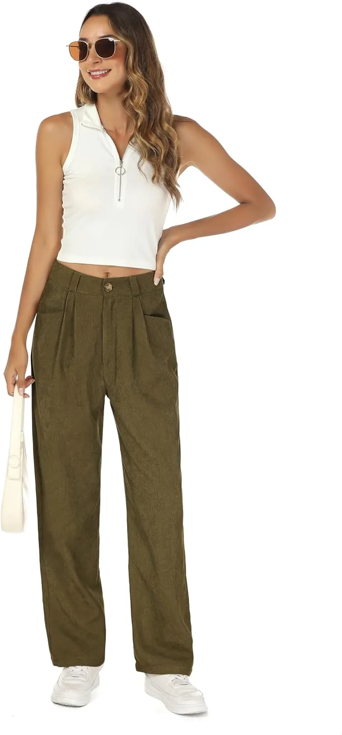 Womens Corduroy Pants High Waist Straight Leg Dressy Casual Pants with Pockets Trousers