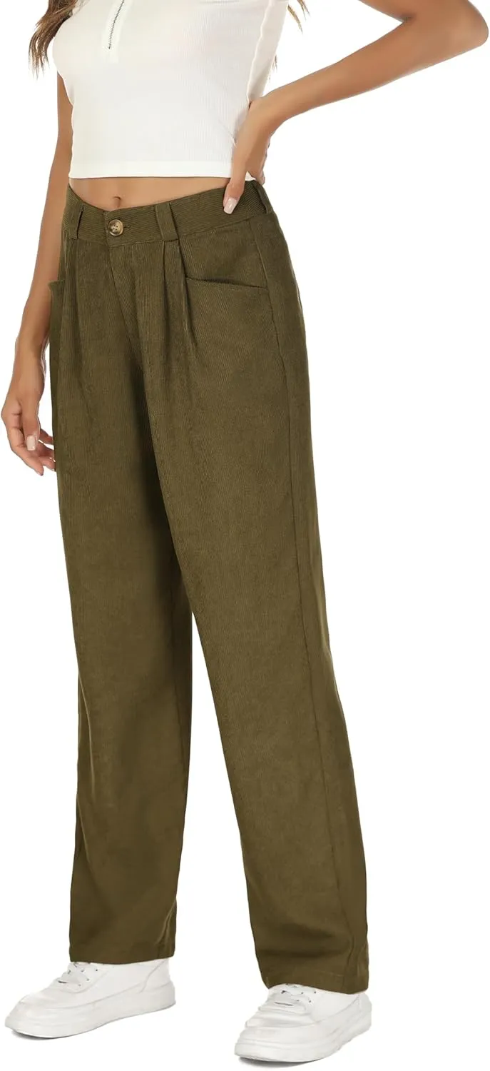 Womens Corduroy Pants High Waist Straight Leg Dressy Casual Pants with Pockets Trousers