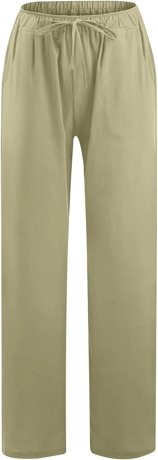 Women's Cotton Linen Pants Straight Leg Elastic Waist Comfy Loose Pockets Summer Daily Wear Lounge Pants Casual 2025