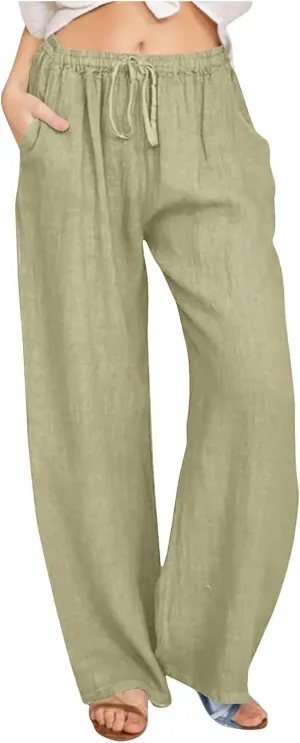 Women's Cotton Linen Pants Straight Leg Elastic Waist Comfy Loose Pockets Summer Daily Wear Lounge Pants Casual 2025