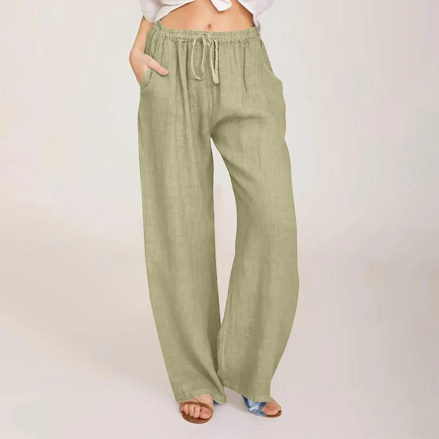 Women's Cotton Linen Pants Straight Leg Elastic Waist Comfy Loose Pockets Summer Daily Wear Lounge Pants Casual 2025