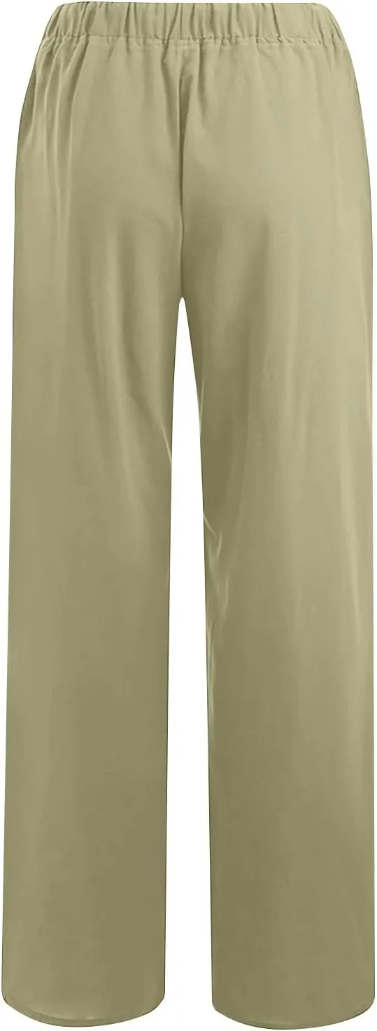 Women's Cotton Linen Pants Straight Leg Elastic Waist Comfy Loose Pockets Summer Daily Wear Lounge Pants Casual 2025
