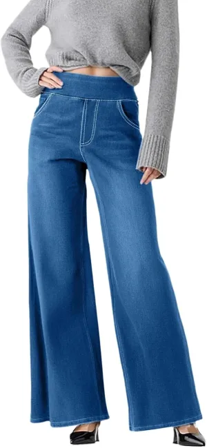 Womens Denim Pants High Waisted Stretchy Pull On Wide Leg Denim Pants with Pocket Casual Walk Outing Elegant Trousers