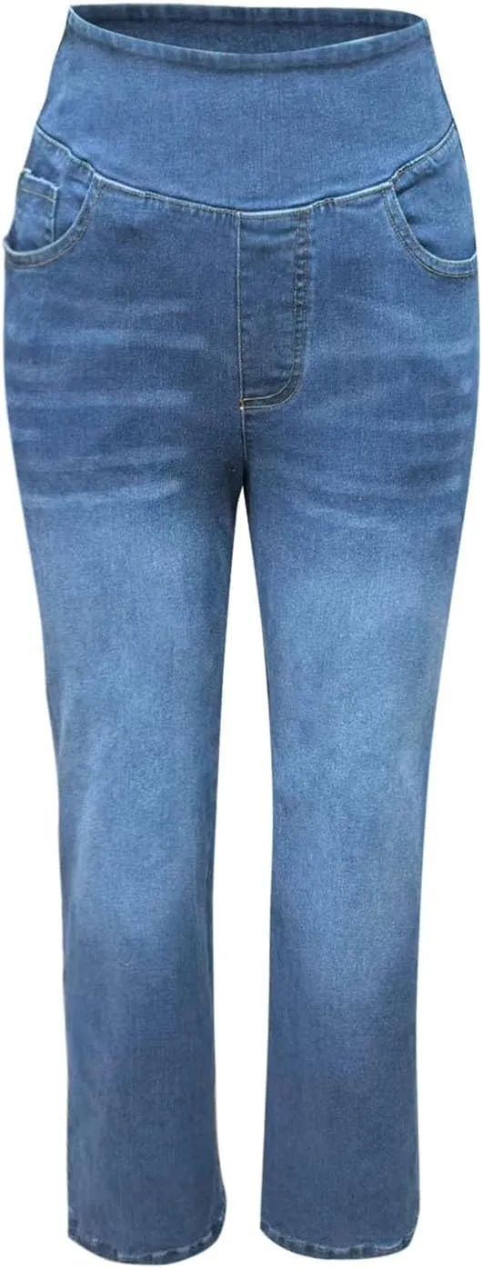 Womens Denim Pants High Waisted Stretchy Pull On Wide Leg Denim Pants with Pocket Casual Walk Outing Elegant Trousers