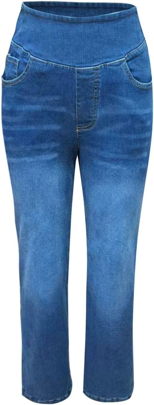 Womens Denim Pants High Waisted Stretchy Pull On Wide Leg Denim Pants with Pocket Casual Walk Outing Elegant Trousers