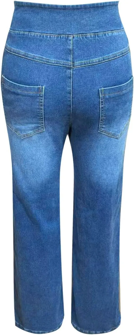Womens Denim Pants High Waisted Stretchy Pull On Wide Leg Denim Pants with Pocket Casual Walk Outing Elegant Trousers