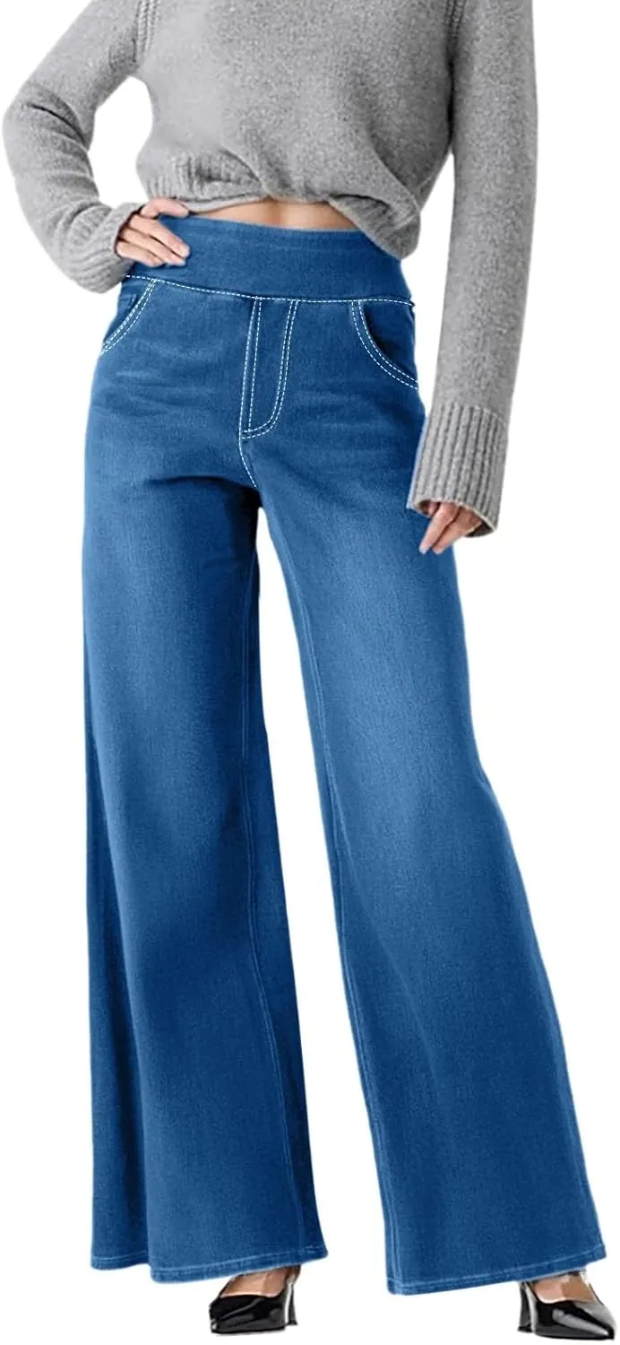 Womens Denim Pants High Waisted Stretchy Pull On Wide Leg Denim Pants with Pocket Casual Walk Outing Elegant Trousers