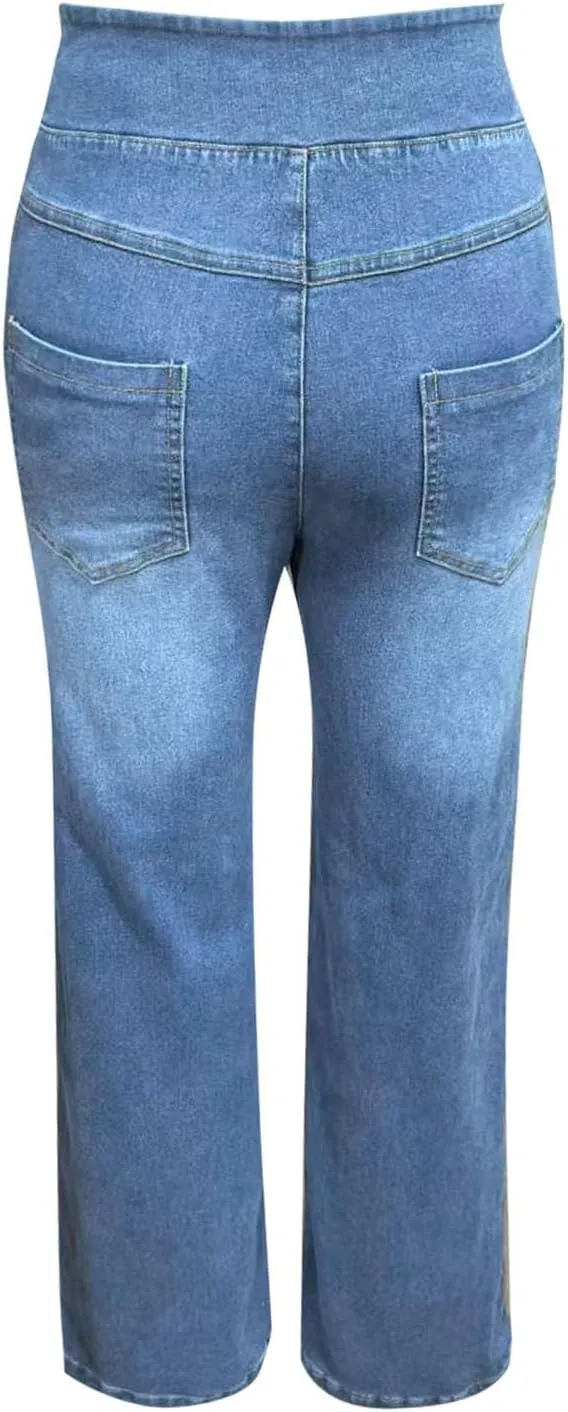 Womens Denim Pants High Waisted Stretchy Pull On Wide Leg Denim Pants with Pocket Casual Walk Outing Elegant Trousers