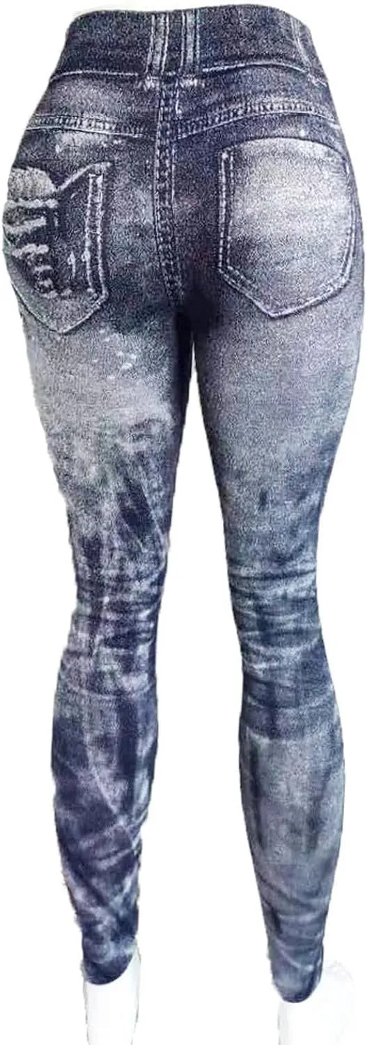 Women's Denim Print Fake Jeans Leggings High Waist Butt Lift Elastic Slim Yoga Pants Stretch Comfy Casual Trousers