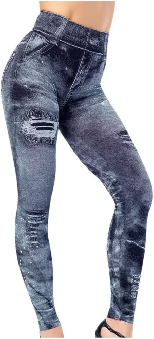 Women's Denim Print Fake Jeans Leggings High Waist Butt Lift Elastic Slim Yoga Pants Stretch Comfy Casual Trousers