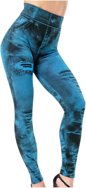 Women's Denim Print Fake Jeans Leggings High Waist Butt Lift Elastic Slim Yoga Pants Stretch Comfy Casual Trousers