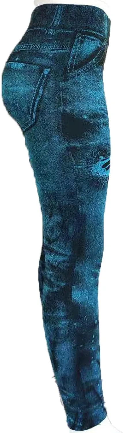 Women's Denim Print Fake Jeans Leggings High Waist Butt Lift Elastic Slim Yoga Pants Stretch Comfy Casual Trousers