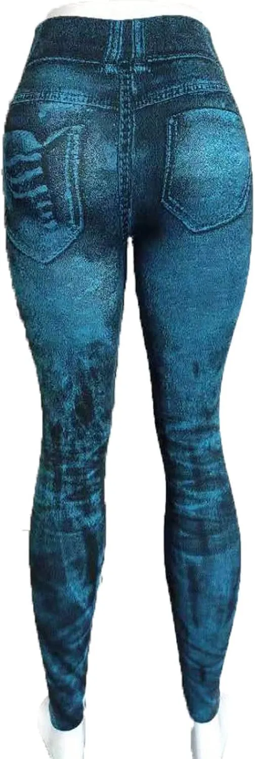 Women's Denim Print Fake Jeans Leggings High Waist Butt Lift Elastic Slim Yoga Pants Stretch Comfy Casual Trousers