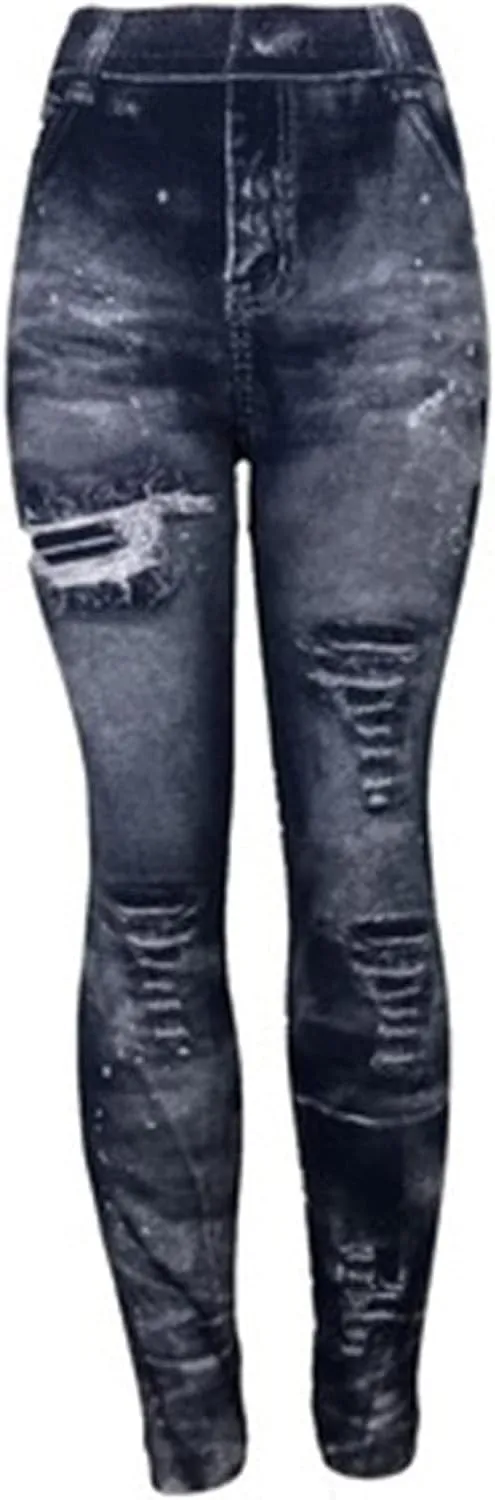 Women's Denim Print Fake Jeans Leggings High Waist Butt Lift Elastic Slim Yoga Pants Stretch Comfy Casual Trousers