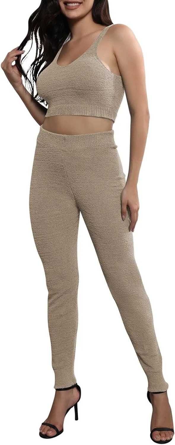 Women's Fleece 3 Pc Teddy Loungewear Spaghetti Strap Crop Tank Wide Long Pants Fuzzy Kimono Cozy Sweatsuit Set Light