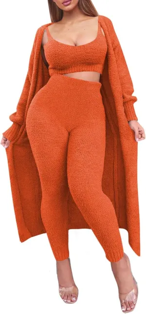Women's Fleece 3 Pc Teddy Loungewear Spaghetti Strap Crop Tank Wide Long Pants Fuzzy Kimono Cozy Sweatsuit Set Light