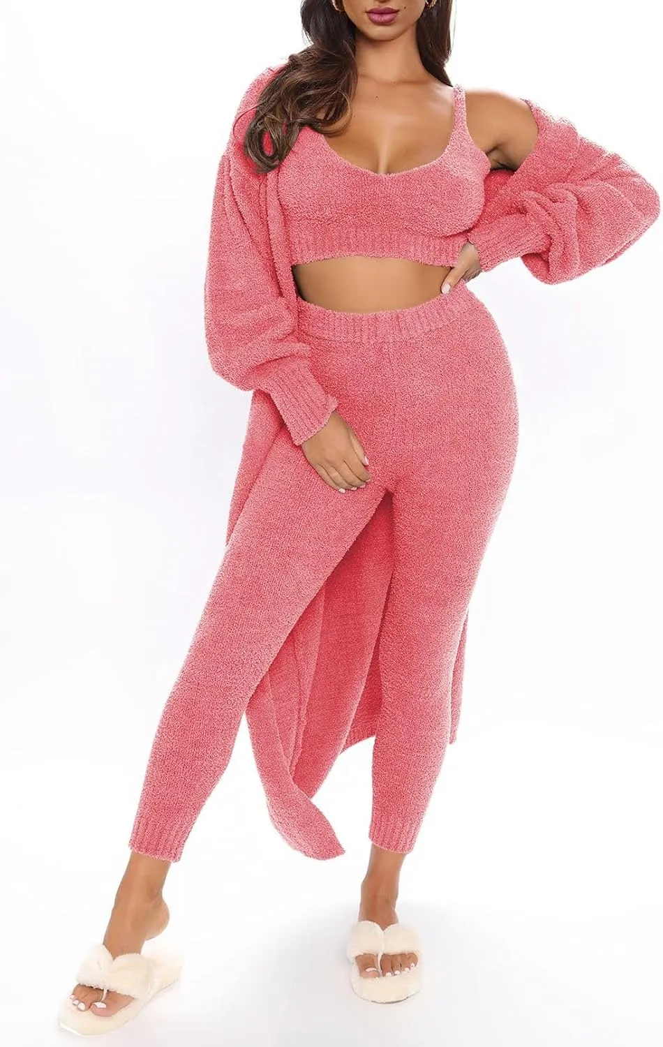 Women's Fleece 3 Pc Teddy Loungewear Spaghetti Strap Crop Tank Wide Long Pants Fuzzy Kimono Cozy Sweatsuit Set Light