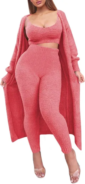 Women's Fleece 3 Pc Teddy Loungewear Spaghetti Strap Crop Tank Wide Long Pants Fuzzy Kimono Cozy Sweatsuit Set Light