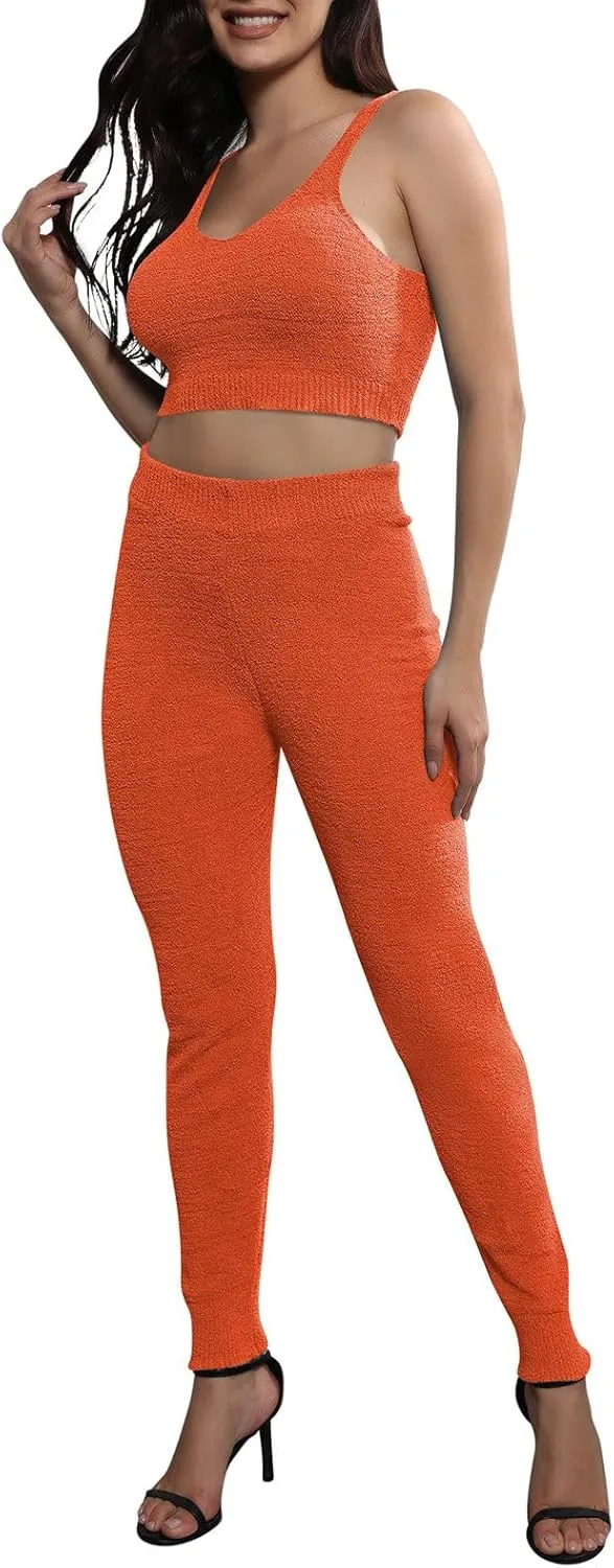 Women's Fleece 3 Pc Teddy Loungewear Spaghetti Strap Crop Tank Wide Long Pants Fuzzy Kimono Cozy Sweatsuit Set Light
