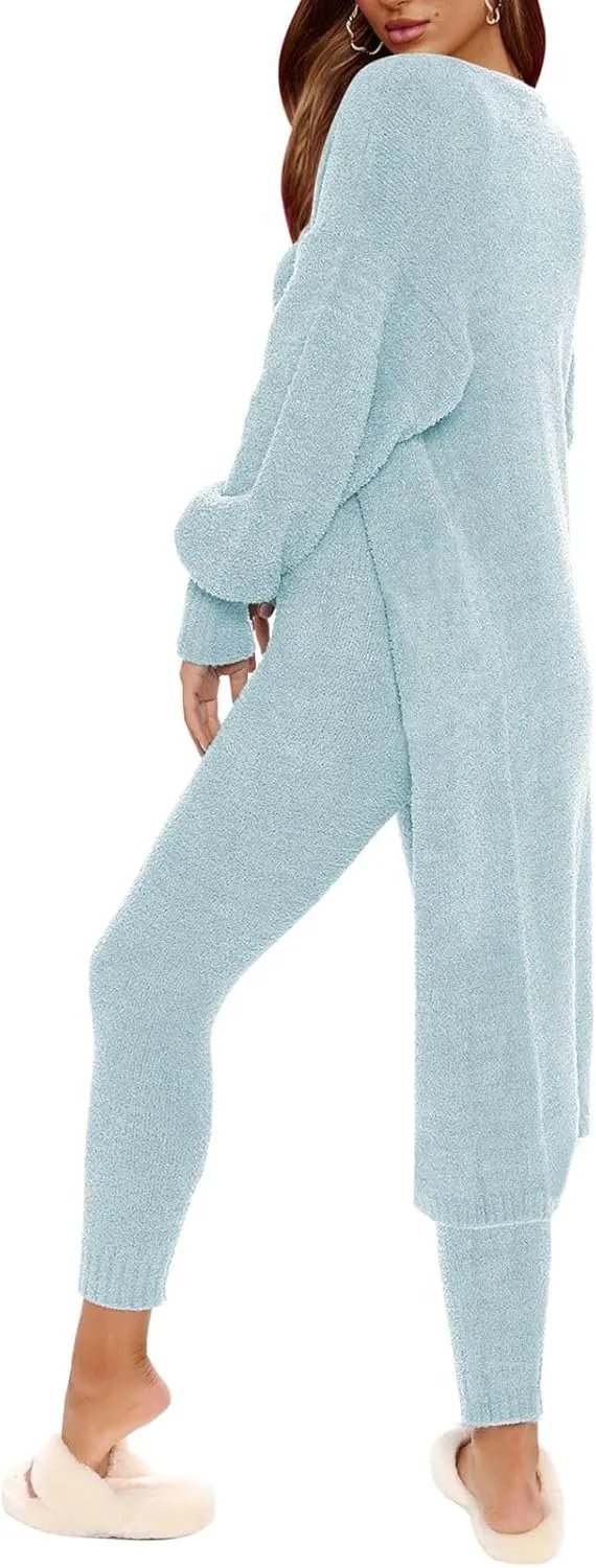 Women's Fleece 3 Pc Teddy Loungewear Spaghetti Strap Crop Tank Wide Long Pants Fuzzy Kimono Cozy Sweatsuit Set Light