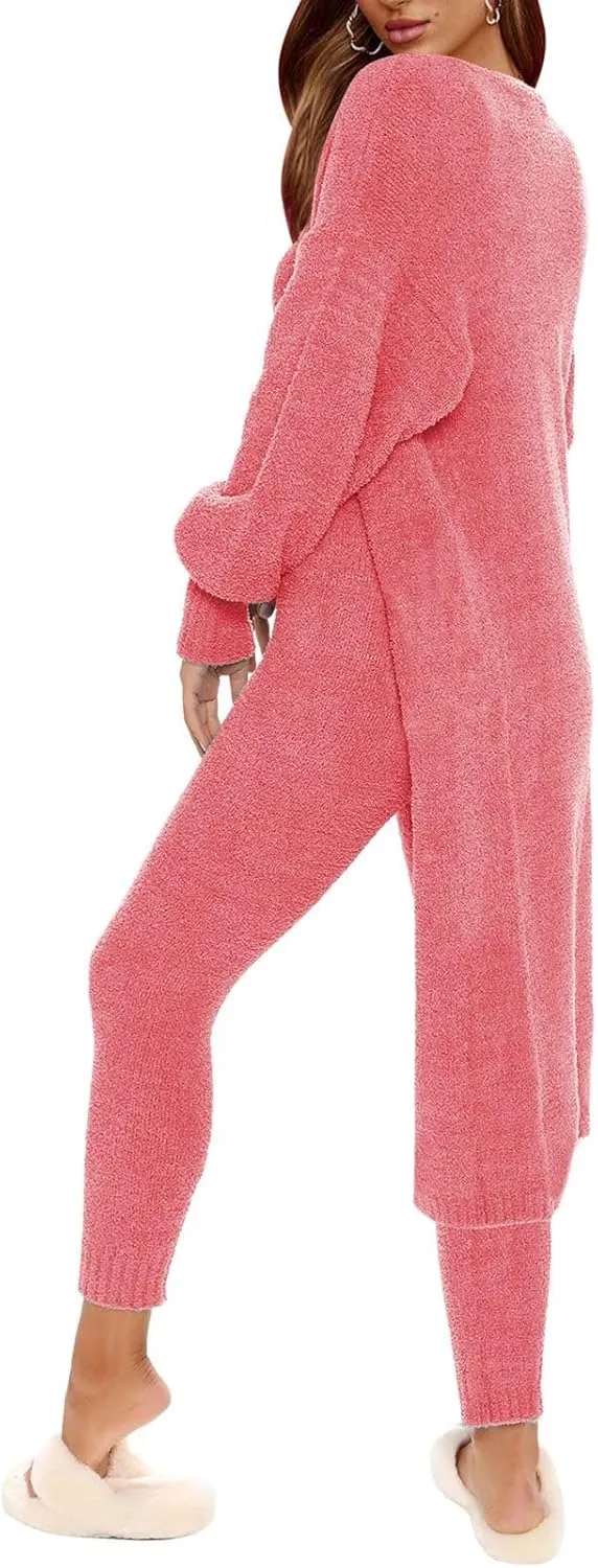 Women's Fleece 3 Pc Teddy Loungewear Spaghetti Strap Crop Tank Wide Long Pants Fuzzy Kimono Cozy Sweatsuit Set Light