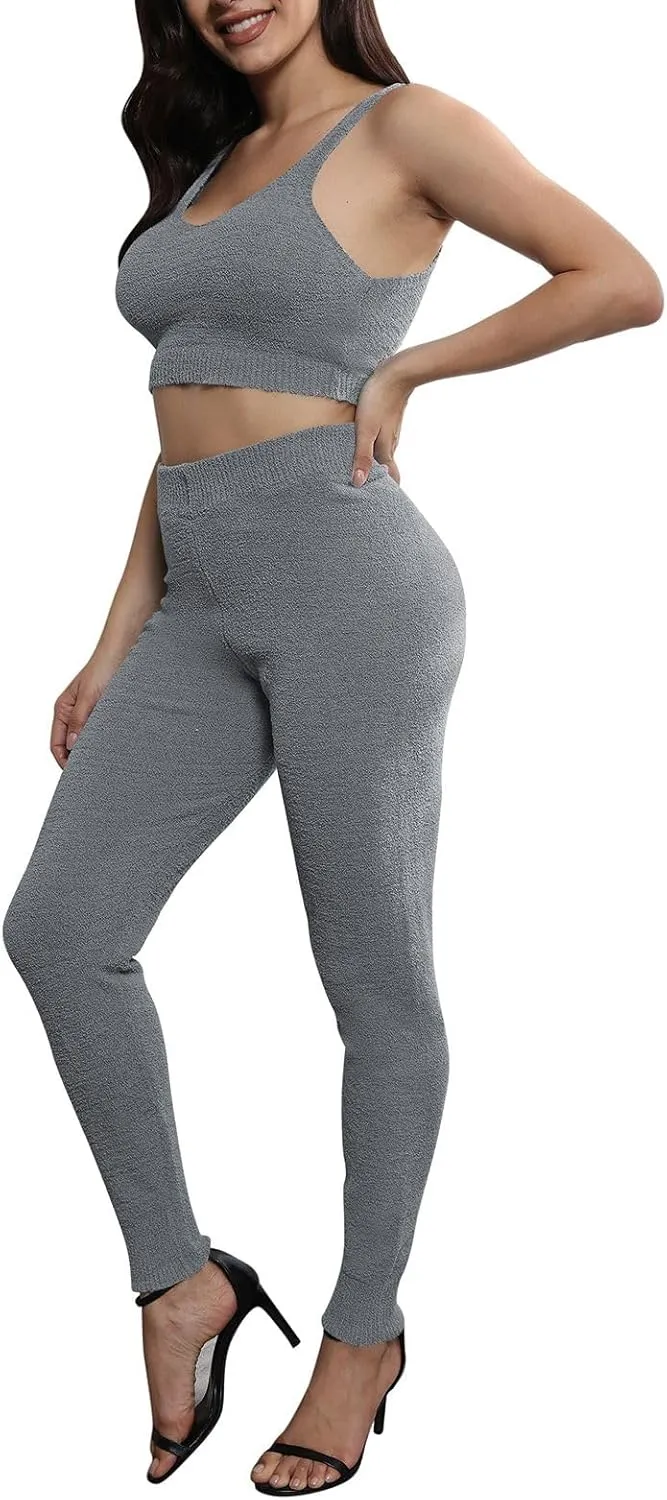 Women's Fleece 3 Pc Teddy Loungewear Spaghetti Strap Crop Tank Wide Long Pants Fuzzy Kimono Cozy Sweatsuit Set Light