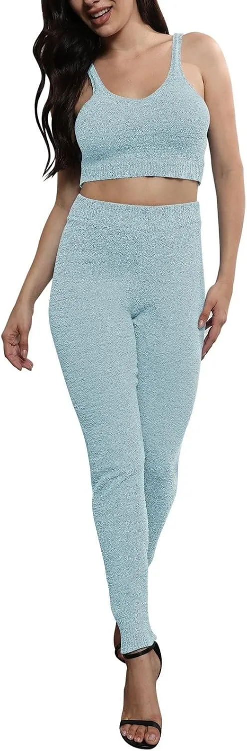Women's Fleece 3 Pc Teddy Loungewear Spaghetti Strap Crop Tank Wide Long Pants Fuzzy Kimono Cozy Sweatsuit Set Light
