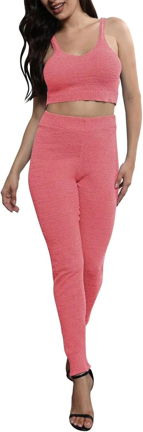Women's Fleece 3 Pc Teddy Loungewear Spaghetti Strap Crop Tank Wide Long Pants Fuzzy Kimono Cozy Sweatsuit Set Light