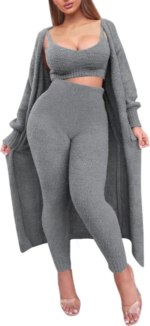 Women's Fleece 3 Pc Teddy Loungewear Spaghetti Strap Crop Tank Wide Long Pants Fuzzy Kimono Cozy Sweatsuit Set Light