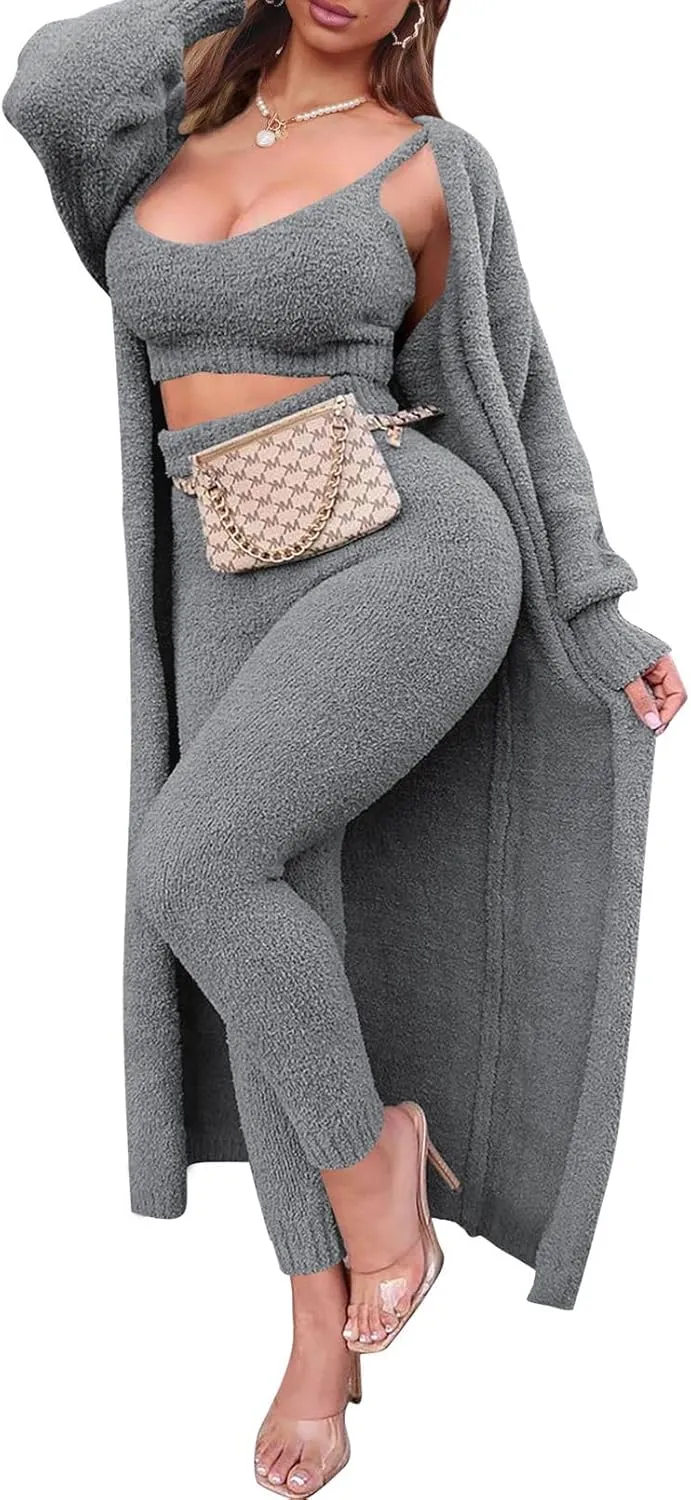 Women's Fleece 3 Pc Teddy Loungewear Spaghetti Strap Crop Tank Wide Long Pants Fuzzy Kimono Cozy Sweatsuit Set Light