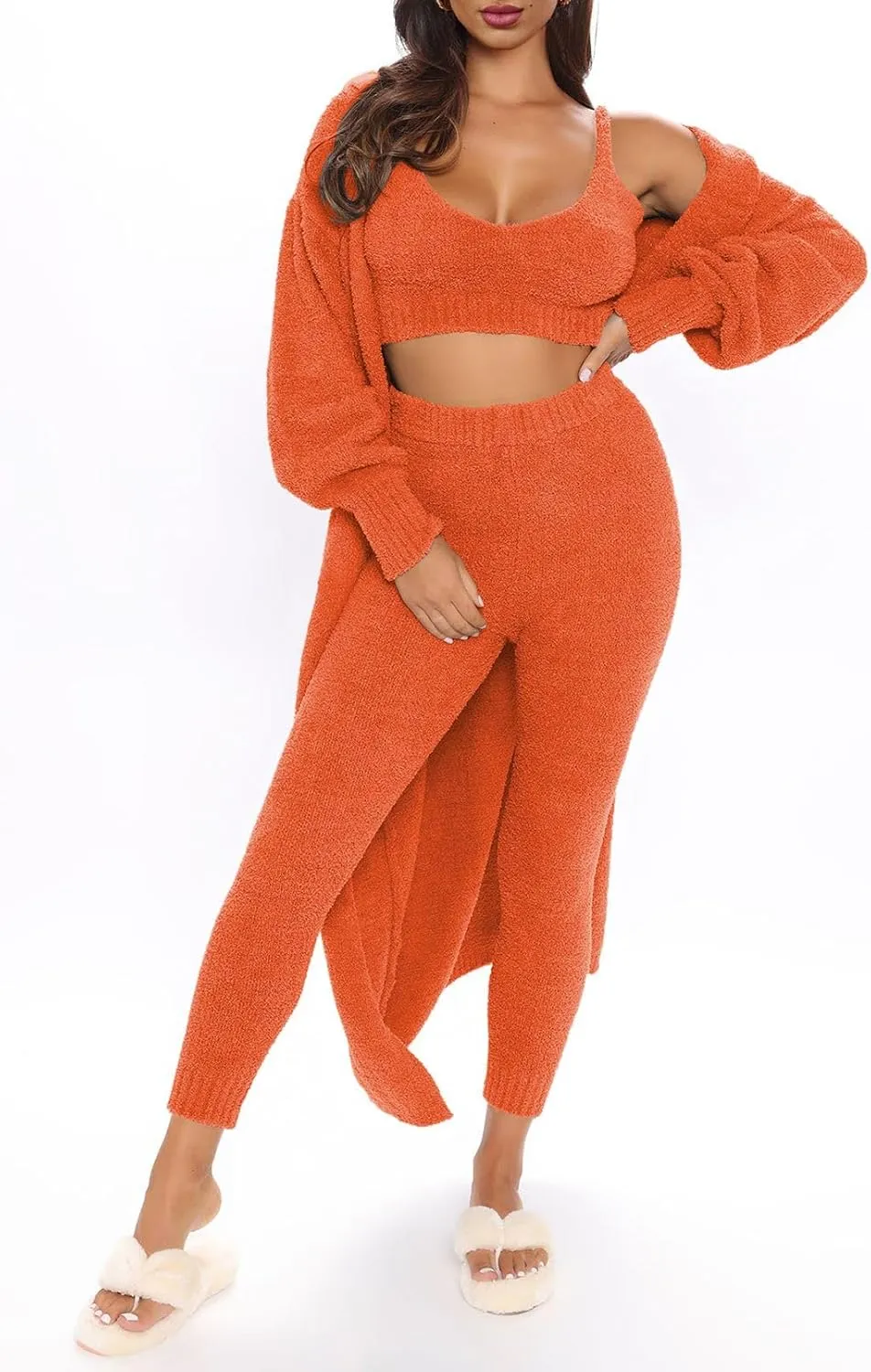 Women's Fleece 3 Pc Teddy Loungewear Spaghetti Strap Crop Tank Wide Long Pants Fuzzy Kimono Cozy Sweatsuit Set Light