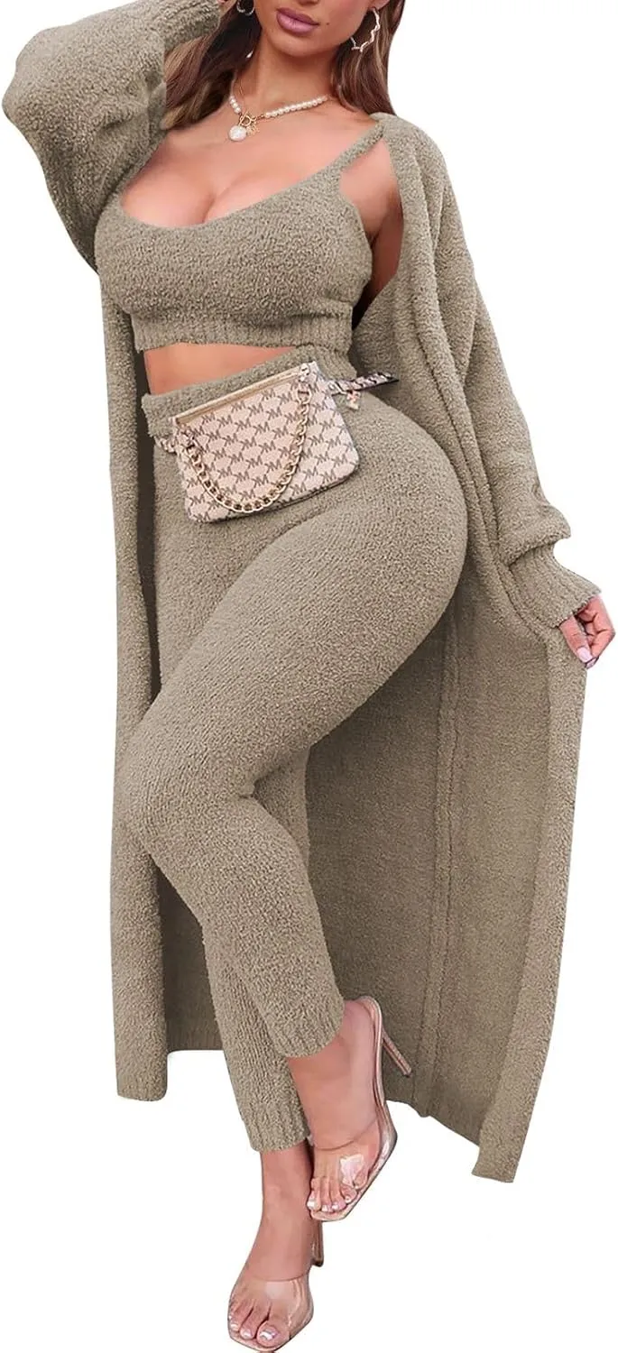 Women's Fleece 3 Pc Teddy Loungewear Spaghetti Strap Crop Tank Wide Long Pants Fuzzy Kimono Cozy Sweatsuit Set Light