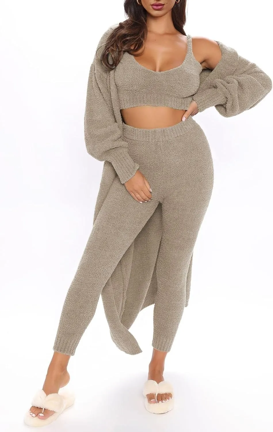 Women's Fleece 3 Pc Teddy Loungewear Spaghetti Strap Crop Tank Wide Long Pants Fuzzy Kimono Cozy Sweatsuit Set Light