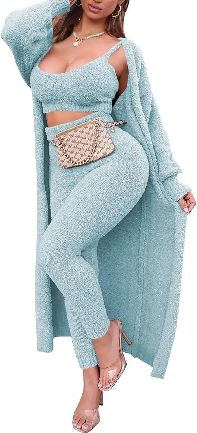 Women's Fleece 3 Pc Teddy Loungewear Spaghetti Strap Crop Tank Wide Long Pants Fuzzy Kimono Cozy Sweatsuit Set Light