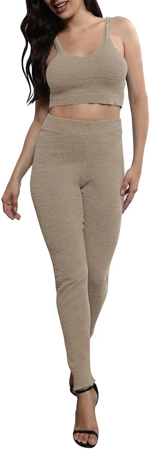Women's Fleece 3 Pc Teddy Loungewear Spaghetti Strap Crop Tank Wide Long Pants Fuzzy Kimono Cozy Sweatsuit Set Light