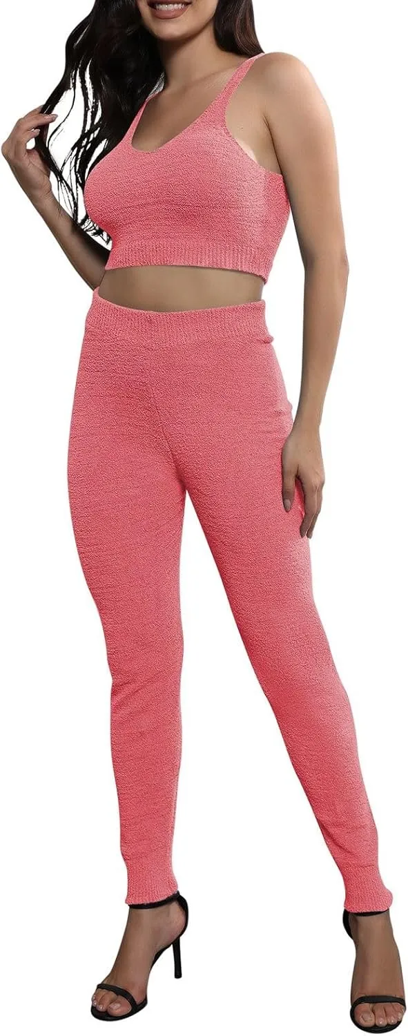 Women's Fleece 3 Pc Teddy Loungewear Spaghetti Strap Crop Tank Wide Long Pants Fuzzy Kimono Cozy Sweatsuit Set Light