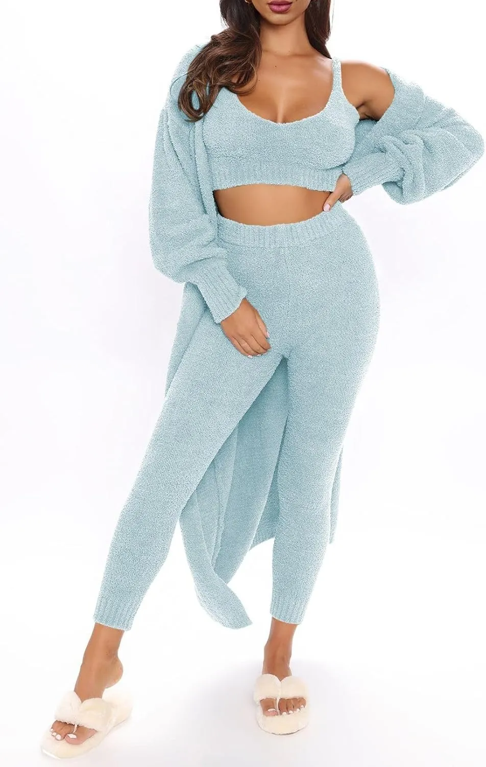 Women's Fleece 3 Pc Teddy Loungewear Spaghetti Strap Crop Tank Wide Long Pants Fuzzy Kimono Cozy Sweatsuit Set Light