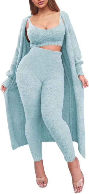 Women's Fleece 3 Pc Teddy Loungewear Spaghetti Strap Crop Tank Wide Long Pants Fuzzy Kimono Cozy Sweatsuit Set Light