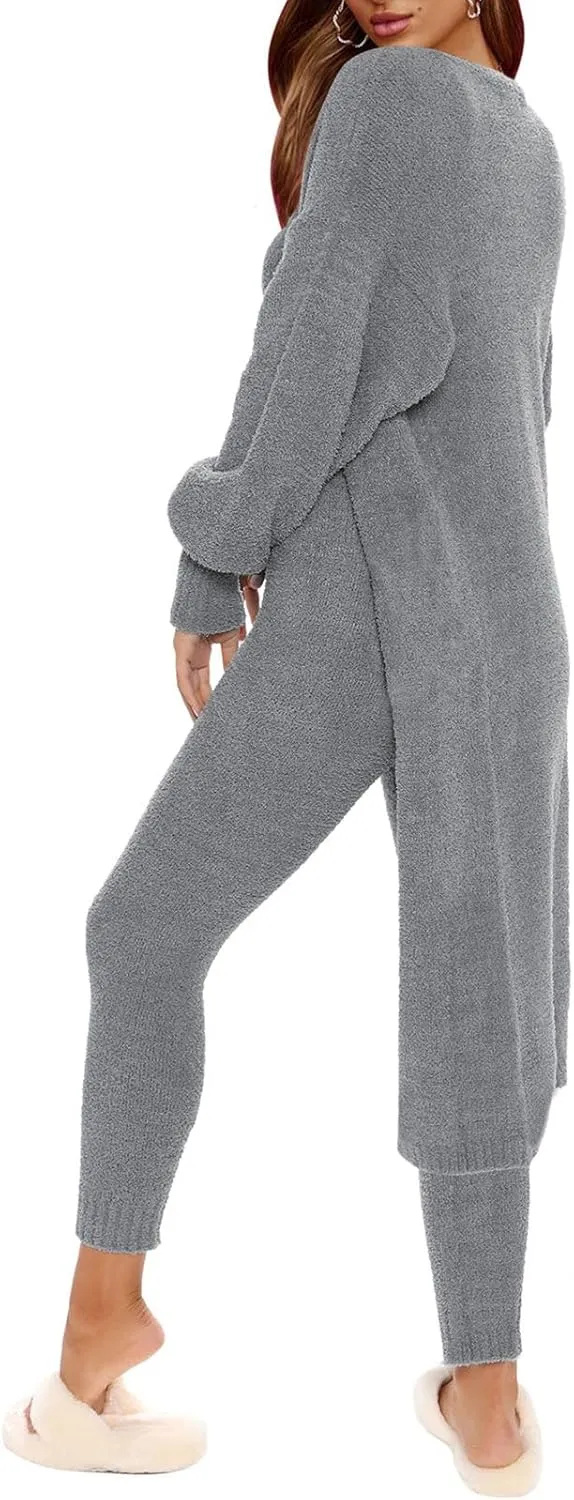 Women's Fleece 3 Pc Teddy Loungewear Spaghetti Strap Crop Tank Wide Long Pants Fuzzy Kimono Cozy Sweatsuit Set Light