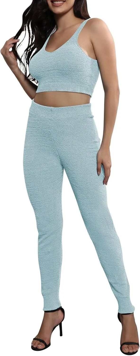 Women's Fleece 3 Pc Teddy Loungewear Spaghetti Strap Crop Tank Wide Long Pants Fuzzy Kimono Cozy Sweatsuit Set Light