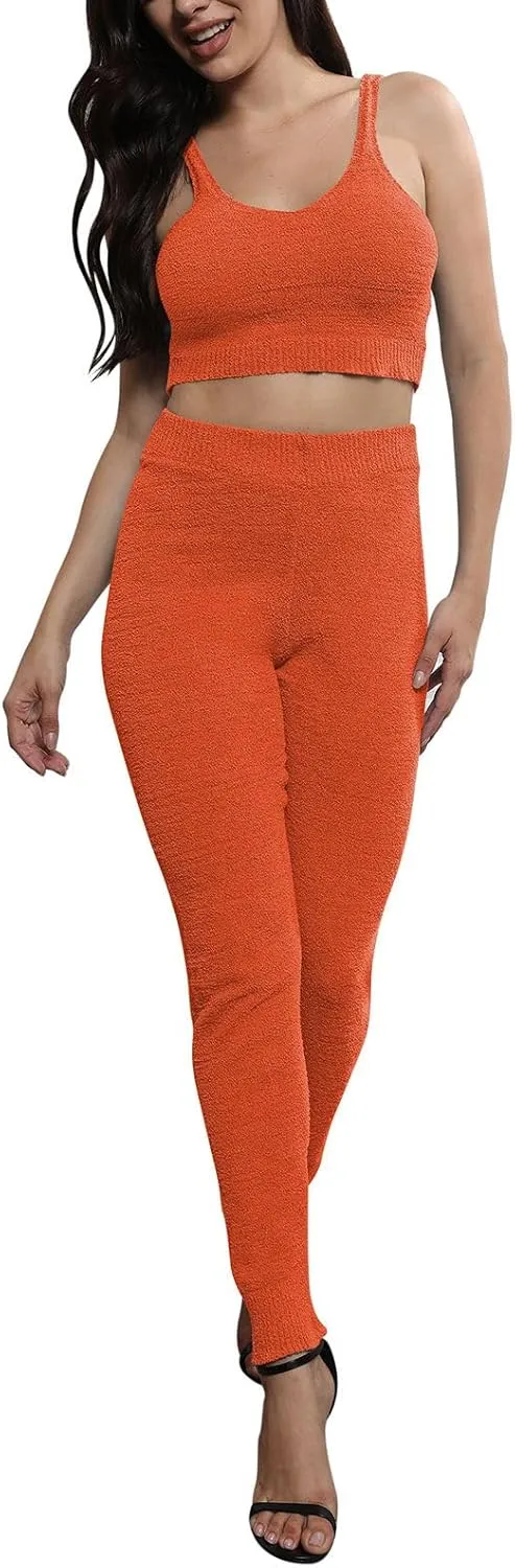 Women's Fleece 3 Pc Teddy Loungewear Spaghetti Strap Crop Tank Wide Long Pants Fuzzy Kimono Cozy Sweatsuit Set Light