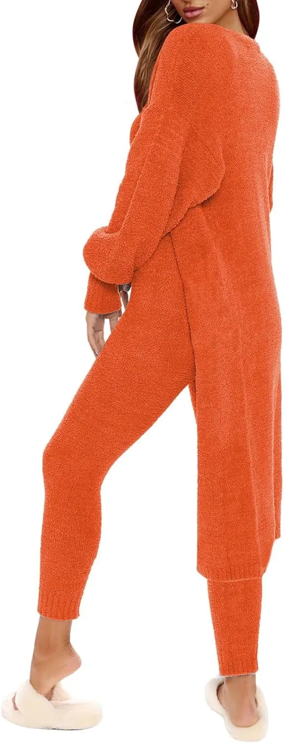 Women's Fleece 3 Pc Teddy Loungewear Spaghetti Strap Crop Tank Wide Long Pants Fuzzy Kimono Cozy Sweatsuit Set Light