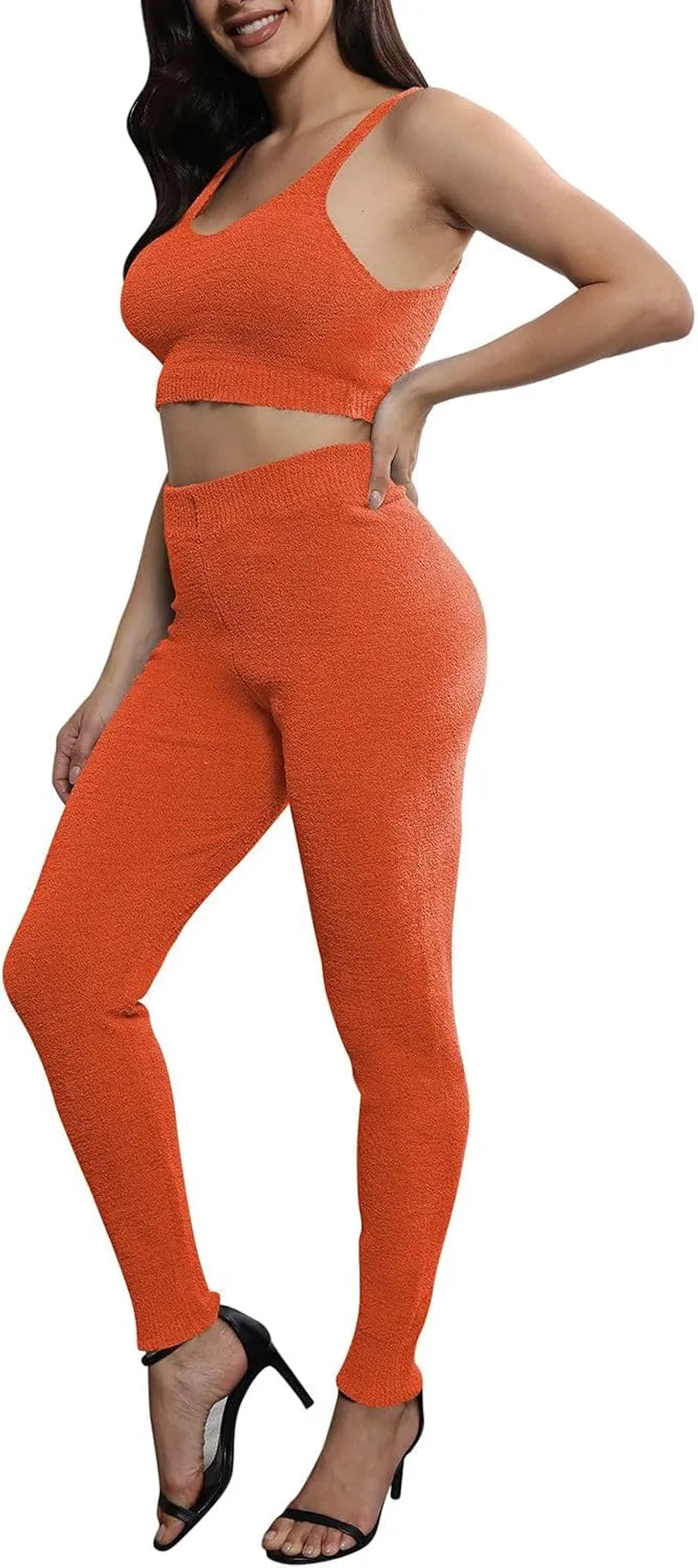 Women's Fleece 3 Pc Teddy Loungewear Spaghetti Strap Crop Tank Wide Long Pants Fuzzy Kimono Cozy Sweatsuit Set Light