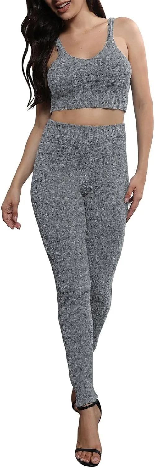Women's Fleece 3 Pc Teddy Loungewear Spaghetti Strap Crop Tank Wide Long Pants Fuzzy Kimono Cozy Sweatsuit Set Light