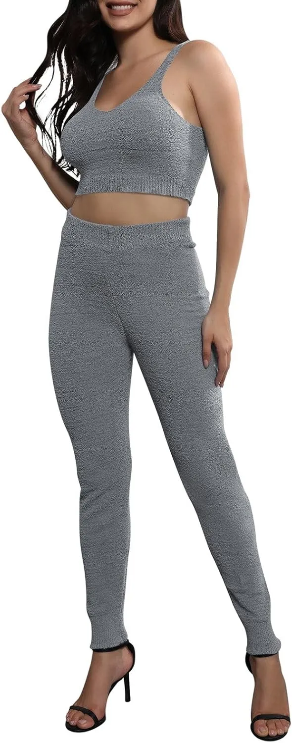Women's Fleece 3 Pc Teddy Loungewear Spaghetti Strap Crop Tank Wide Long Pants Fuzzy Kimono Cozy Sweatsuit Set Light