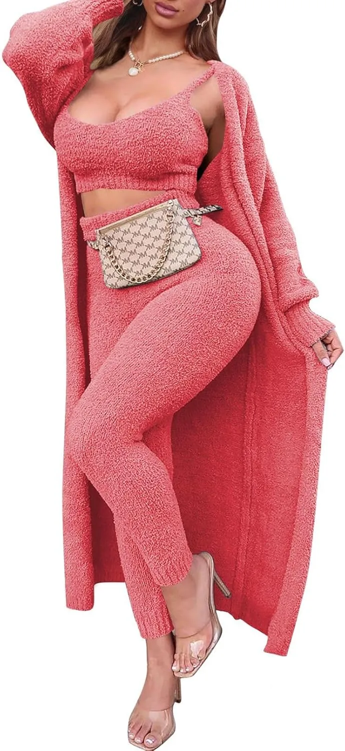 Women's Fleece 3 Pc Teddy Loungewear Spaghetti Strap Crop Tank Wide Long Pants Fuzzy Kimono Cozy Sweatsuit Set Light