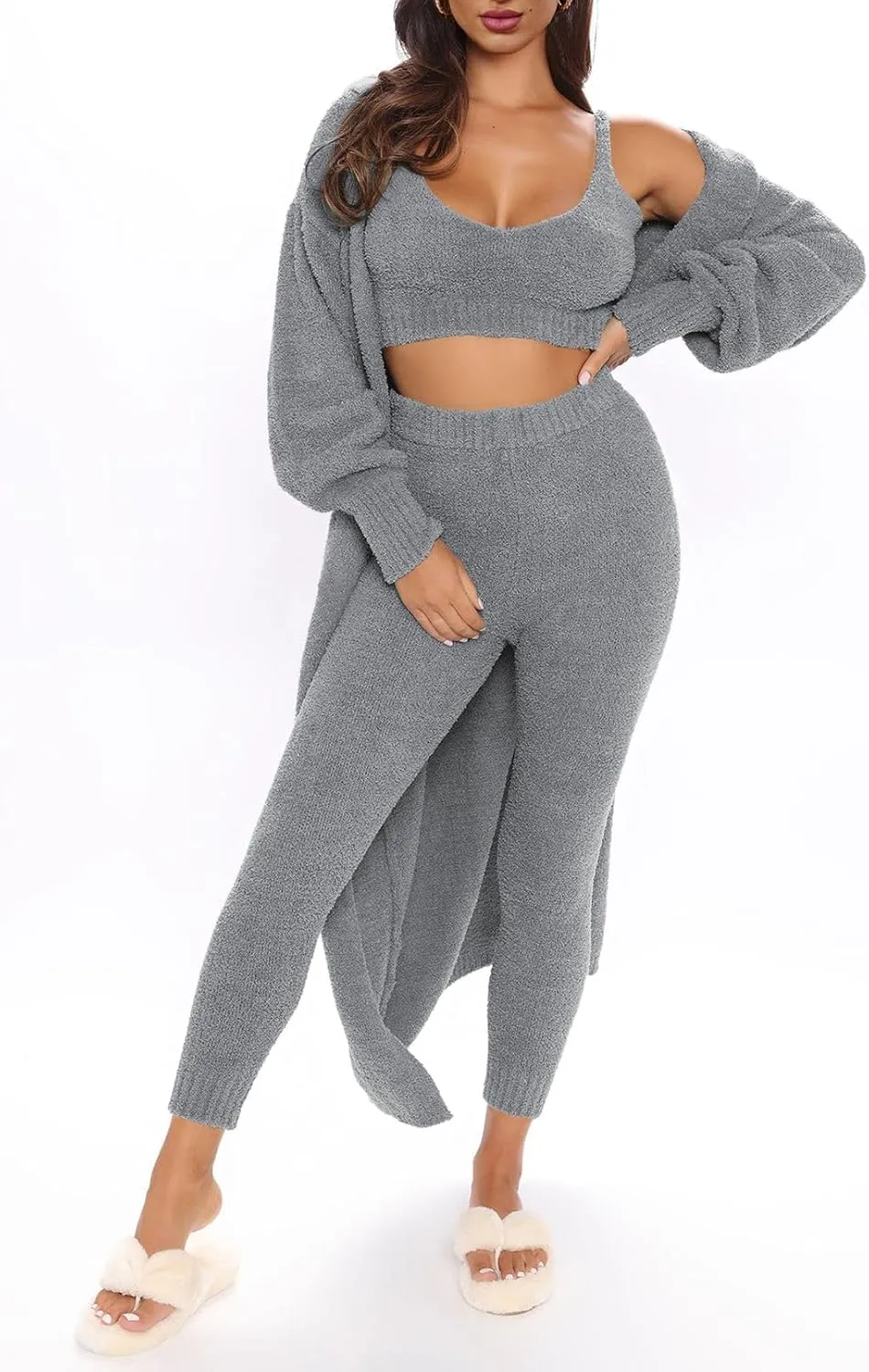 Women's Fleece 3 Pc Teddy Loungewear Spaghetti Strap Crop Tank Wide Long Pants Fuzzy Kimono Cozy Sweatsuit Set Light