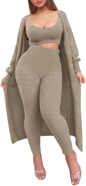 Women's Fleece 3 Pc Teddy Loungewear Spaghetti Strap Crop Tank Wide Long Pants Fuzzy Kimono Cozy Sweatsuit Set Light